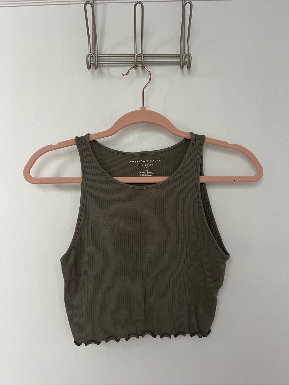 American Eagle Outfitters Olive Ribbed Crop Tank with Lettuce Hem